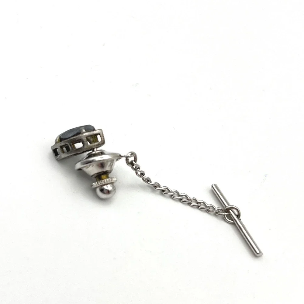 Vintage Hematite‎ Marquise Tie Tac Silver Tone with Security Chain T-Bar Mens